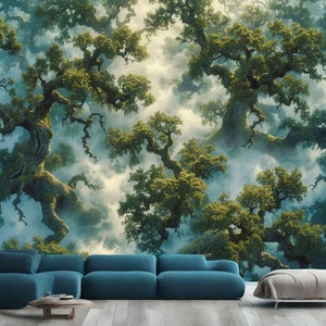 Fantasy Enchanting Forest in Misty Woods Gift, Art Print Photomural Wallpaper Mural Easy-Install Removeable Peel and Stick Large Wall Decal