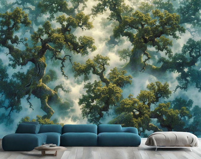 Fantasy Enchanting Forest in Misty Woods Gift, Art Print Photomural Wallpaper Mural Easy-Install Removeable Peel and Stick Large Wall Decal