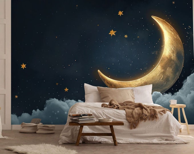 Golden Crescent Starry Clear Sky Night Gift Art Print Photomural Wallpaper Mural Easy-Install Removeable Peel and Stick Large Wall Decal Art