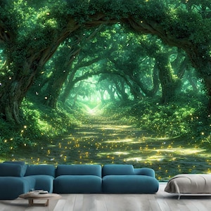 Cadeau mystique forêt verte lumière du soleil lucioles, impression d'art photo mural papier peint mural amovible facile à installer grand sticker mural