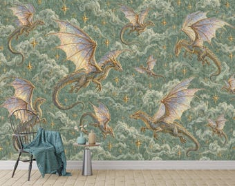 Sage Gold Dragon Sky Pattern Print Art Wallpaper Mural, Peel and Stick