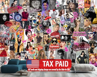 Fashion Collage Wallpaper Mural, Girly Room Decor, Peel and Stick