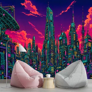 May include: A wall mural depicting a futuristic cityscape with teal skyscrapers, a large satellite dish, and glowing neon lights against a vibrant pink and purple sky. Two beanbag chairs, one pink and one gray, sit before a small wooden side table.