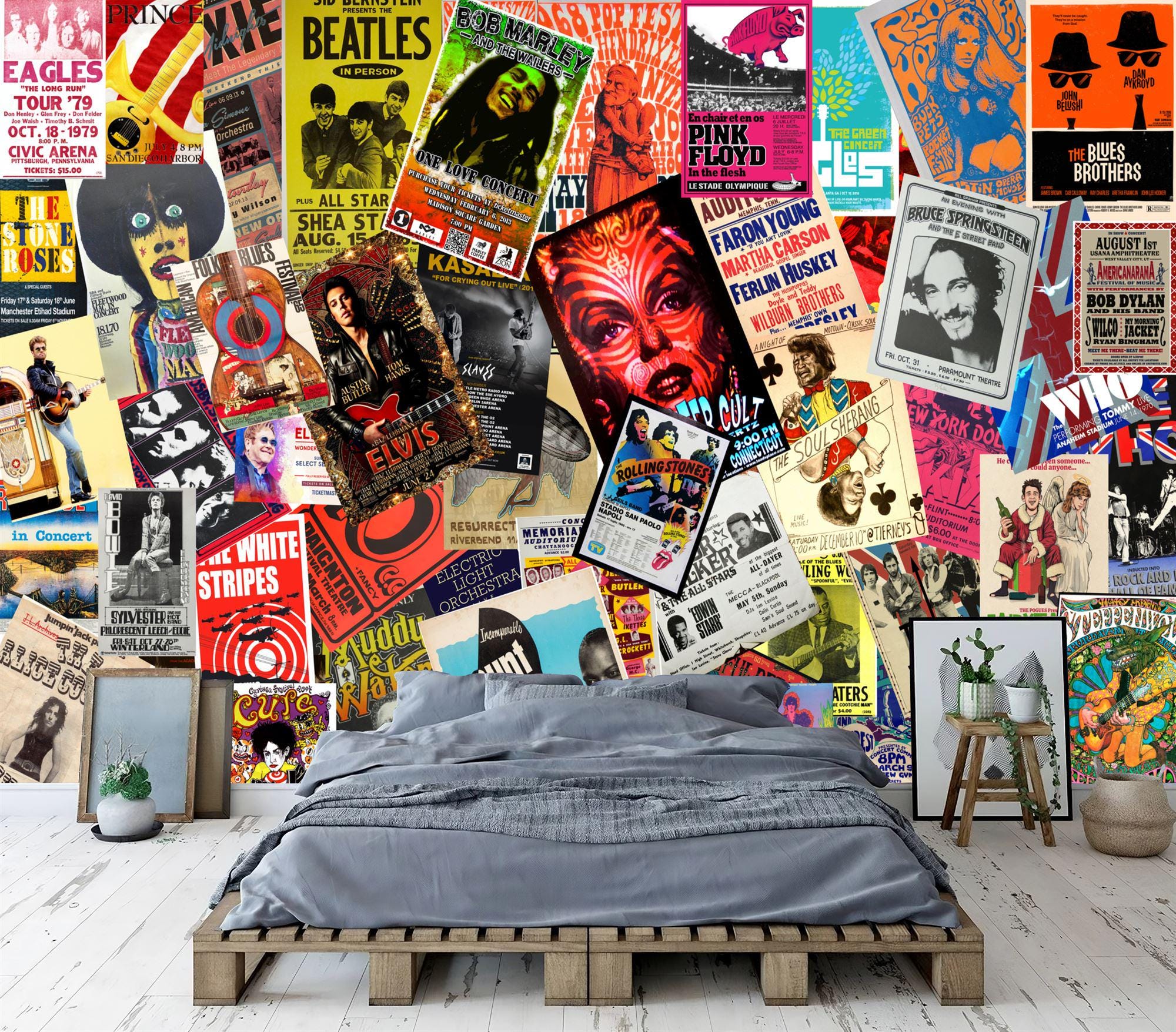 Vintage Concert Posters Wall Photomural Wallpaper Peel and Stick Music Washable Street Art Removeable teenage Wall Decor Print Easy-Install
