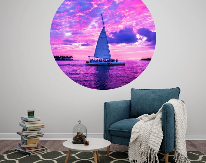 Boat Sailing Ocean Sea Sky Art Circle Poster Photomural Wall Décor Easy-Install Removable Self-Adhesive High Quality Peel and Stick Sticker