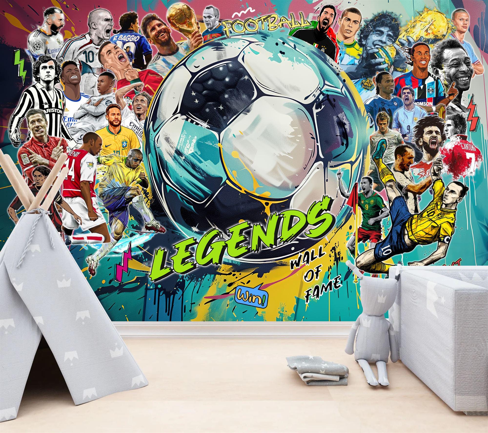Football Soccer Legends Football Stars Boys Room Decor, Art Print Photomural Wallpaper Mural Easy-Install Removeable Peel and Stick Decal