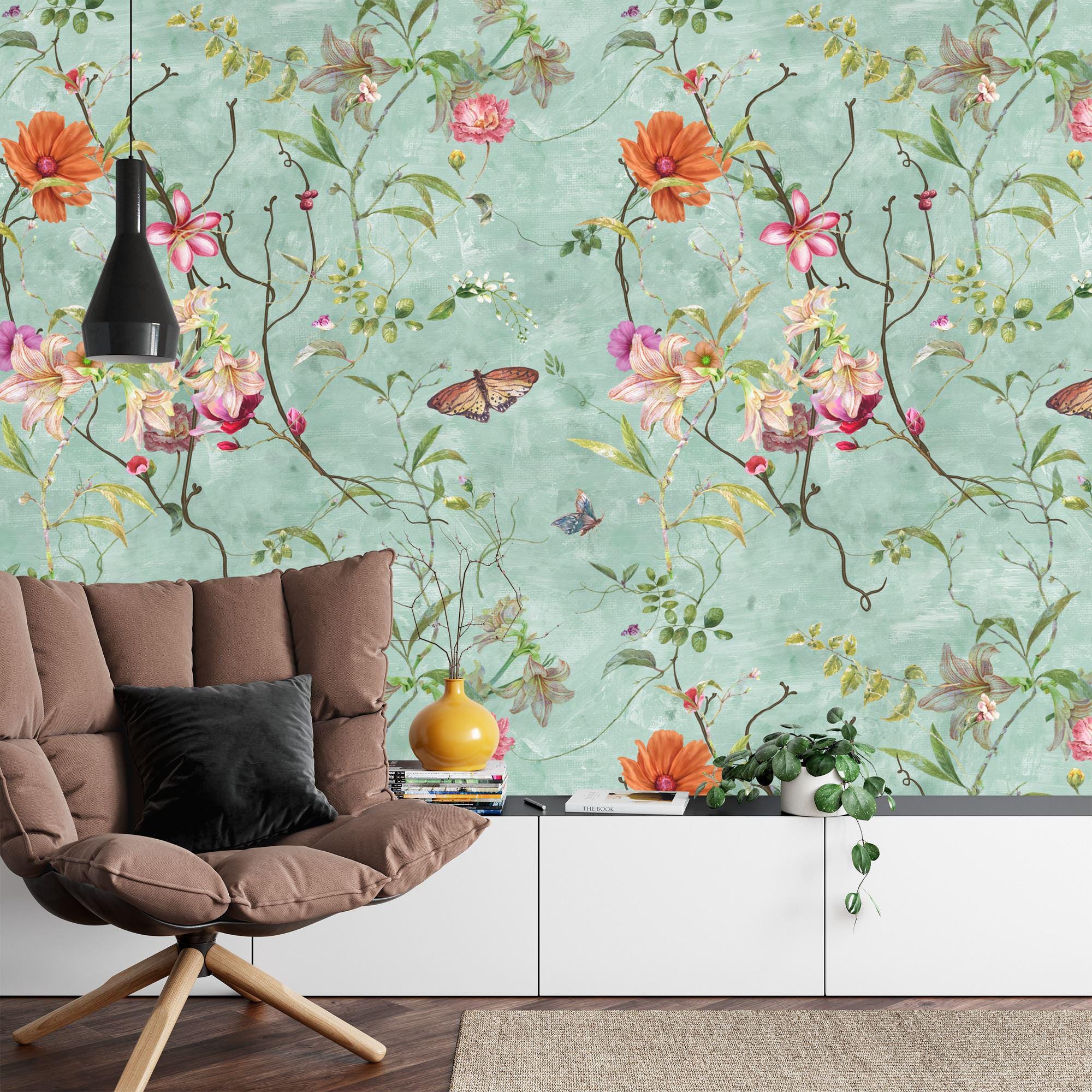 Floral Butterfly Wallpaper Mural, Peel and Stick Decal - Etsy