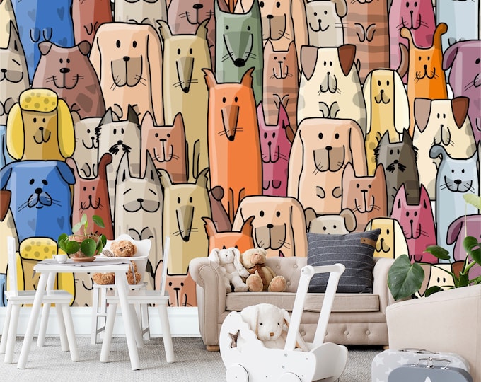 Kids Wall Decor Colorful Cartoon Dogs Wallpaper mural Art Print Photomural Easy-Install Removable Peel & Stick High Quality Washable Vlies