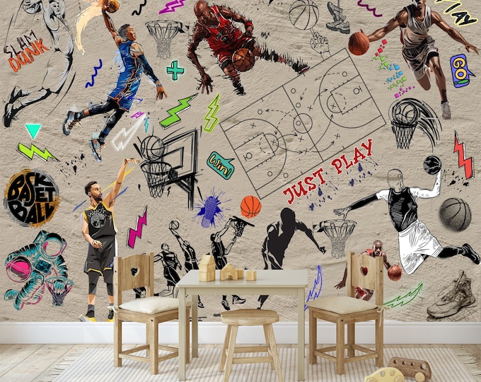 Graffiti Basketball Gym Decor Urban Street Motivation Gift Art Print Photomural Wallpaper Mural Easy-Install Removeable Peel and Stick Decal