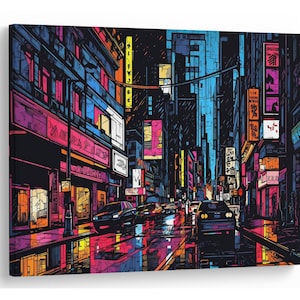 Street Neon Lights Digital Art AI Generated Modern Design Natural Canvas Print Wall Art Picture Great Gift Idea High Quality Home Wall Art