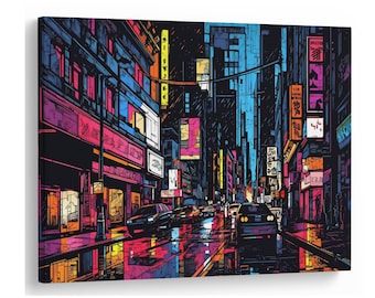 Neon Street Canvas Print, Modern AI-Generated Wall Art