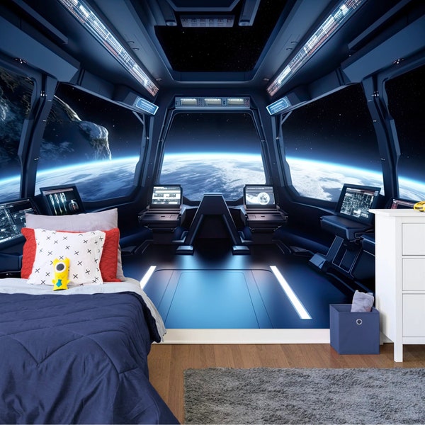 Outer Space Spaceship window View Gift, Stars Astronomy Kids Room Decor Easy-Install Wall Mural Wallpaper Peel and Stick Modern Art Washable