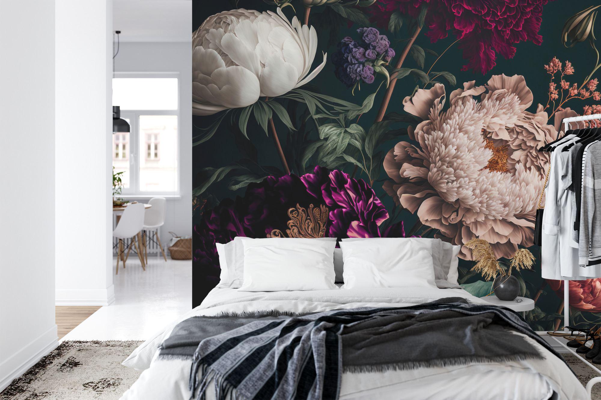 Baroque Peonies Wallpaper Mural, Rich Deep Colors, Peel and Stick Art ...
