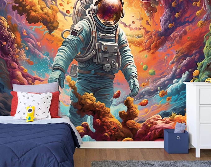 Spaceman Gift Colorful Psychedelic Galaxy, Art Print Photomural Wallpaper Mural Easy-Install Removeable Peel and Stick Large Wall Decal Art