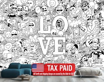 Black and White Doodle Wall Mural, Modern Art Peel and Stick Wallpaper