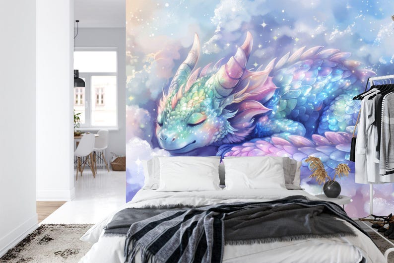 Watercolor Dragons Wallpaper Mural, Kids Nursery Decor, Peel and Stick ...