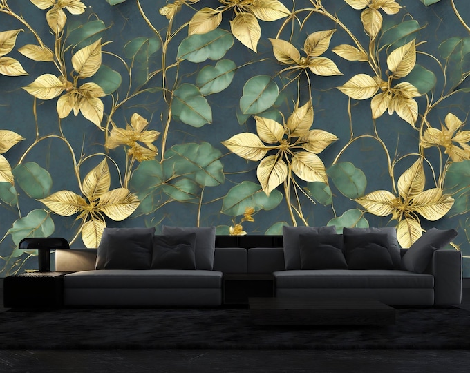 Vintage Dark Golden Flowers Ivy Leaves Gift Art Print Photomural Wallpaper Mural Easy-Install Removeable Peel and Stick Large Wall Decal Art