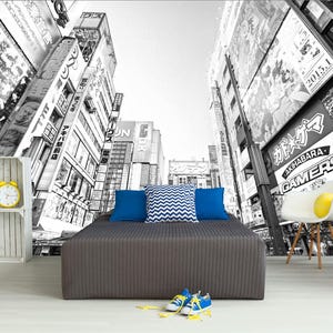 Tokyo, Japan City Street Black and White Anime Room Gift Art Print Photomural Wallpaper Mural Easy-Install Removeable Peel and Stick Decal