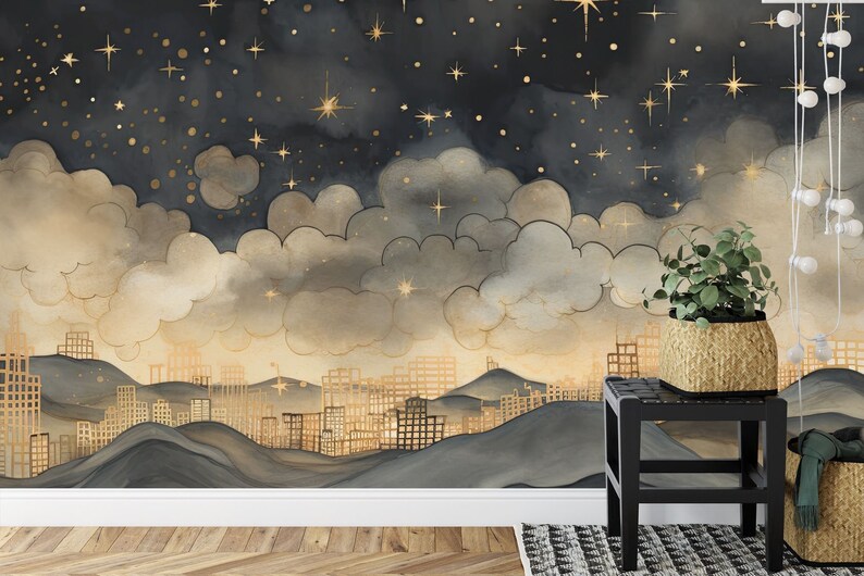 May include: A watercolor painting of a city skyline with gold stars and clouds against a dark blue background. The city is depicted as a series of gold buildings on rolling hills.