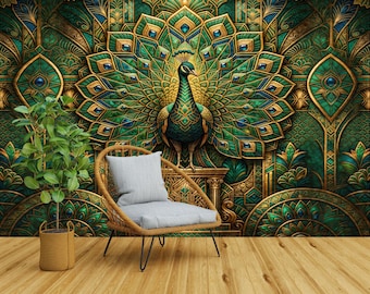 Art Nouveau Geometric Peacock, Peel and Stick Wallpaper Mural