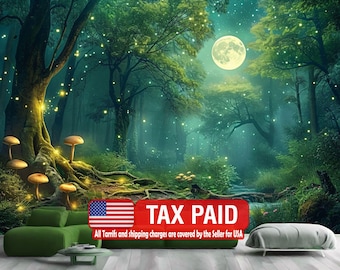 Enchanted Forest Moonlit Night Wallpaper Mural, Peel and Stick Wall Decal
