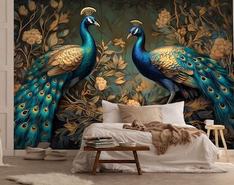 Abstract Peacocks Gold and Green Leaves Gift, Art Print Photomural Wallpaper Mural Easy-Install Removeable Peel and Stick Large Wall Decal