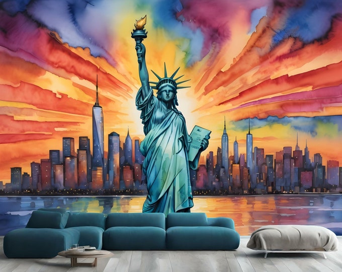 Watercolor Painting of the Statue of Liberty Gift, Art Print Photomural Wallpaper Mural Easy-Install Removeable Peel and Stick Large Decal