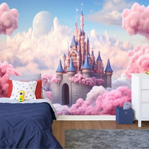 Fantasy Pink Princess Castle Gift for Kids, Art Print Photomural Wallpaper Mural Easy-Install Removeable Peel and Stick Large Wall Decal Art