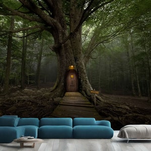 Gigantesque cabane dans les arbres, panneau de bienvenue, cadeau forêt, impression d'art photo murale papier peint mural amovible facile à installer grand sticker mural