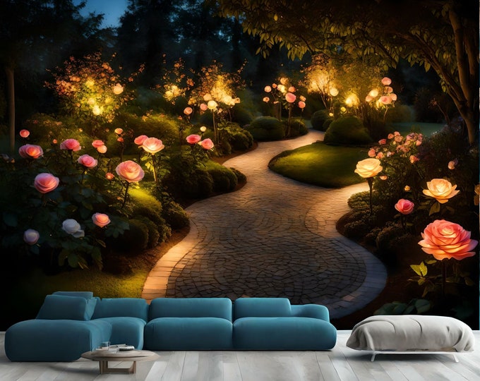 Stunning Garden with blooming Lighting Roses Gift, Art Print Photomural Wallpaper Mural Easy-Install Removeable Peel and Stick Large Decal