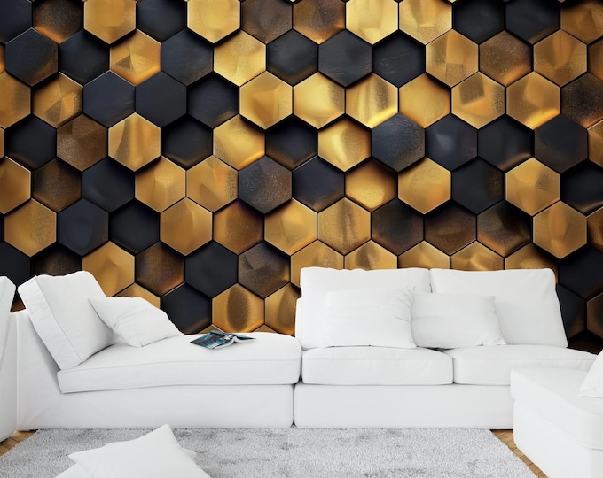 Hexagons Pattern in Gold Brown and Black Gift, Art Print Photomural Wallpaper Mural Easy-Install Removeable Peel and Stick Large Wall Decal