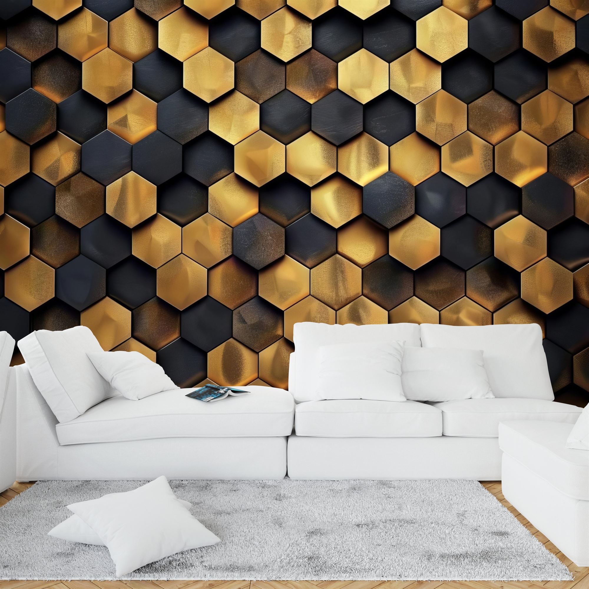 Gold and Black Hexagon Pattern Wall Mural, Peel and Stick