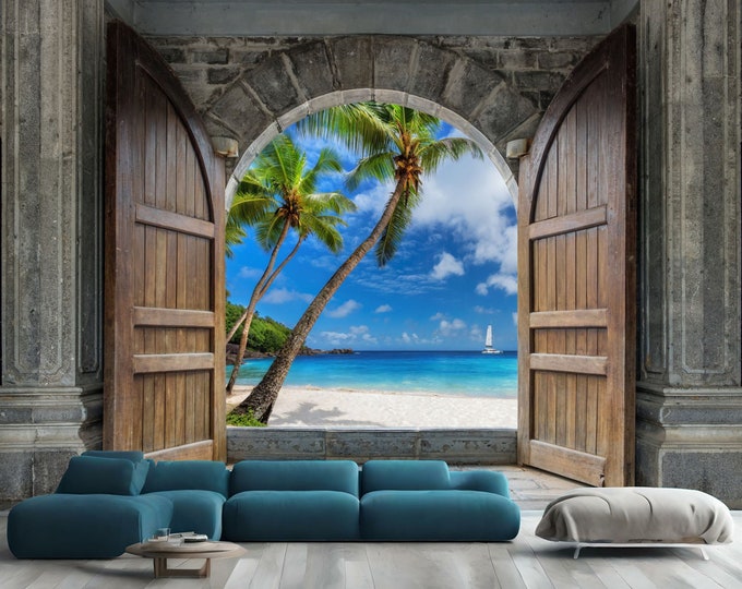 3D Wooden Castle Door Tropical Palm Beach View Gift Art Print Photomural Wallpaper Mural Easy-Install Removeable Peel and Stick Large Decal