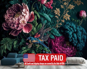 Baroque Peony Wallpaper Mural, Rich Deep Colors, Peel and Stick