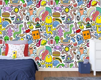 Modern Multicolored Doodle Mural Gift for Kids Room Home Decor Easy-Install Wall Mural Wallpaper Peel and Stick Modern Art Washable Mural