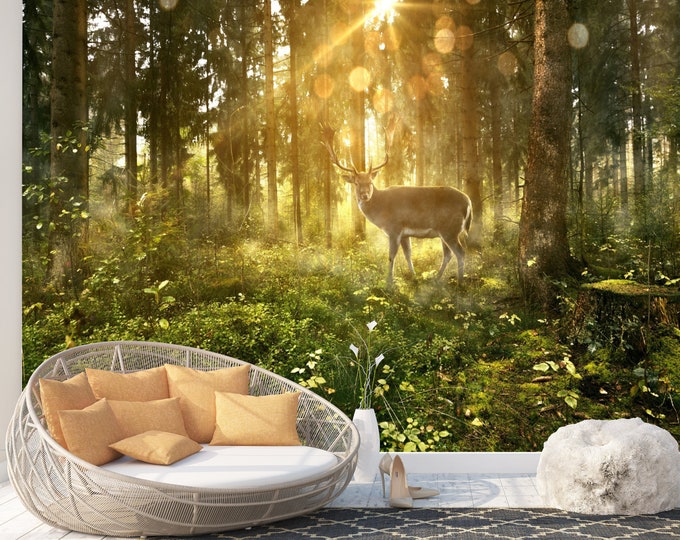 Deer in Sunny Morning Forest Wallpaper mural Art Print Photomural Wall Decor Easy-Install Removable Peel & Stick High Quality Washable Vlies