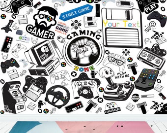 Games Theme Gaming Room, Custom Art, Personalized Name Decal Sticker Gift For Kids Wall Sticker Removable Peel & Stick High-Quality Washable