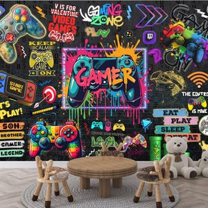 Gaming Room Game Playing Kids Room Decor Gift, Art Print Photomural Wallpaper Mural Easy-Install Removeable Peel and Stick Large Wall Decal