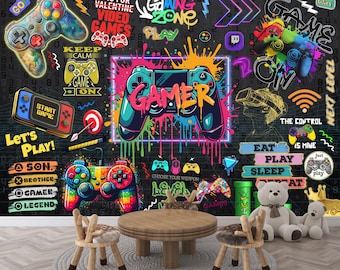 Może przedstawiać: Kolorowy mural ścienny z motywem gier. Mural przedstawia duży, kolorowy kontroler do gier wideo z napisem "GAMER" na nim. Mural zawiera również inne grafiki związane z grami, takie jak joystick, konsola do gier i napisy "Gaming Zone" i "Next Level".