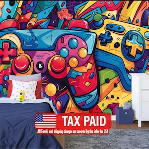 May include: A vibrant, colorful mural featuring two stylized video game controllers dominates the scene. The controllers are rendered in bold hues of blue, red, yellow, and purple. The text "TAX PAID" is displayed on a red banner with the American flag.