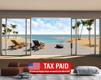 3D Ocean View Wall Mural, Palm Trees Removable Wall Decal