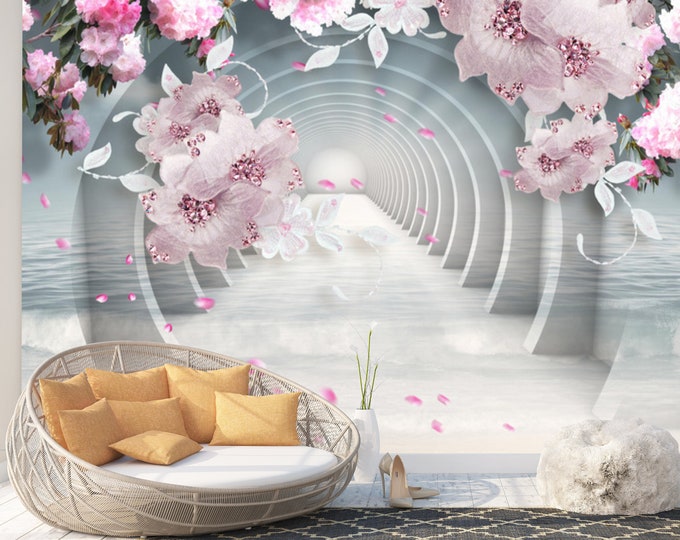 Pink Jewelry Flowers Ocean Tunnel Art Print Photomural Wallpaper Wall Décor Easy-Install Removeable Peel & Stick High Quality Washable Vlies