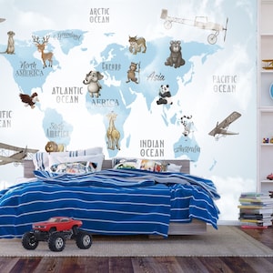 Weltkarte Reise Tiere Wunder Kinderzimmer Dekor Geschenk für Kinderzimmer Einfach zu installierendes Wandbild Tapete abziehen und aufkleben Moderne Kunst Waschbar