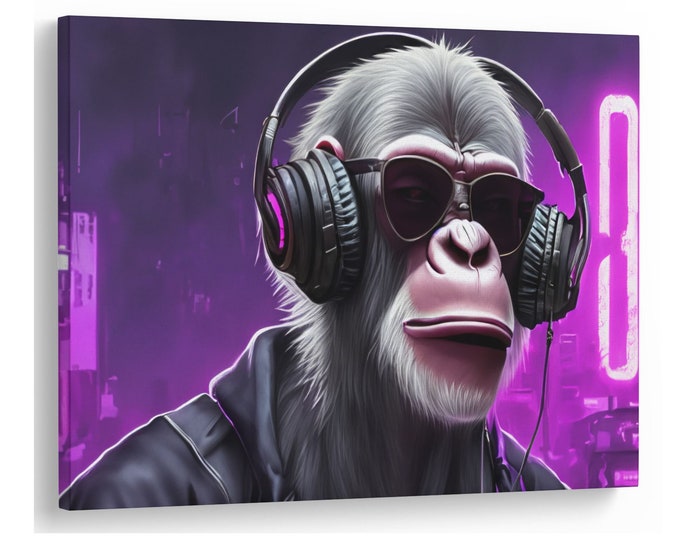 4K DJ Cool Monkey Digital Art Purple Music Wall Hanging Natural Canvas Print Wall Art Picture Great Gift Idea High-Quality Home Wall Art