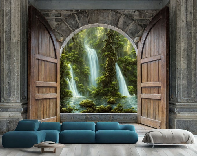3D Wooden Castle Waterfalls Nature View Gift Art Print Photomural Wallpaper Mural Easy-Install Removeable Peel and Stick Large Wall Decal
