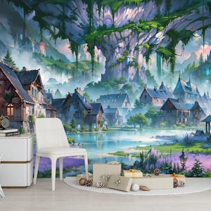 Enchanted Fantasy Cartoon Village at Dusk Kids Wall Gift, Art Print Photomural Wallpaper Mural Easy-Install Removeable Peel and Stick Decal