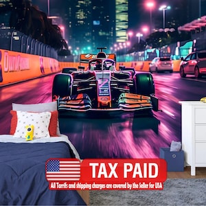 Formula 1 Racing Car Synthwave Mural, Peel and Stick Wallpaper