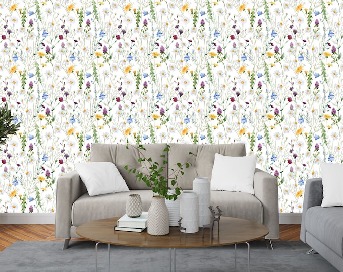 Cute Wild Flower Botanical Boho Flowers Pattern Gift Art Print Photomural Wallpaper Mural Easy-Install Removeable Peel and Stick Large Decal