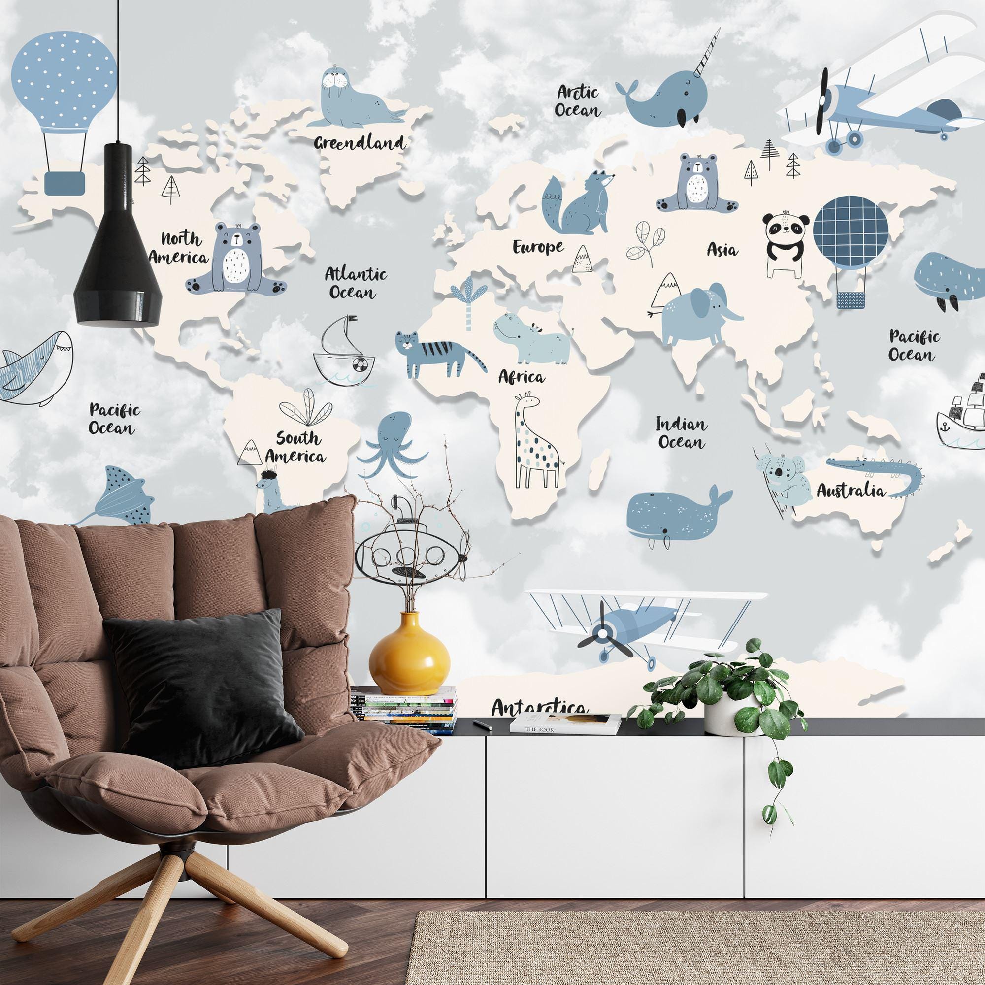 Animal World Map Wallpaper Mural - Kids Room Decor, Peel and Stick ...