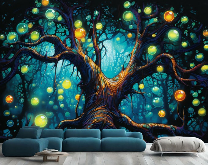 Mystical Light Colorful Tree AI Generated Gift, Art Print Photomural Wallpaper Mural Easy-Install Removeable Peel and Stick Large Wall Decal